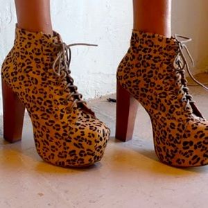 Jeffrey Campbell Lita Cheetah Print Calf Hair Leather Chunky Platform Boots 10